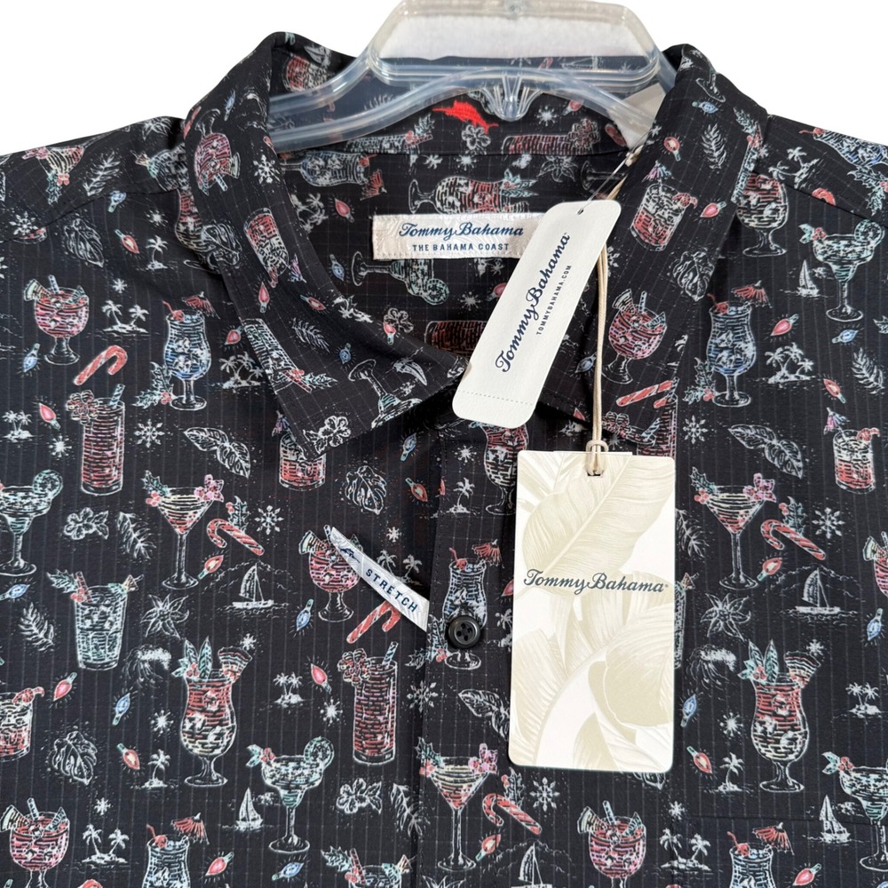 NEW Tommy Bahama Shirt Mens 2XLB Holiday Black Boozy Nights IslandZone Stretch